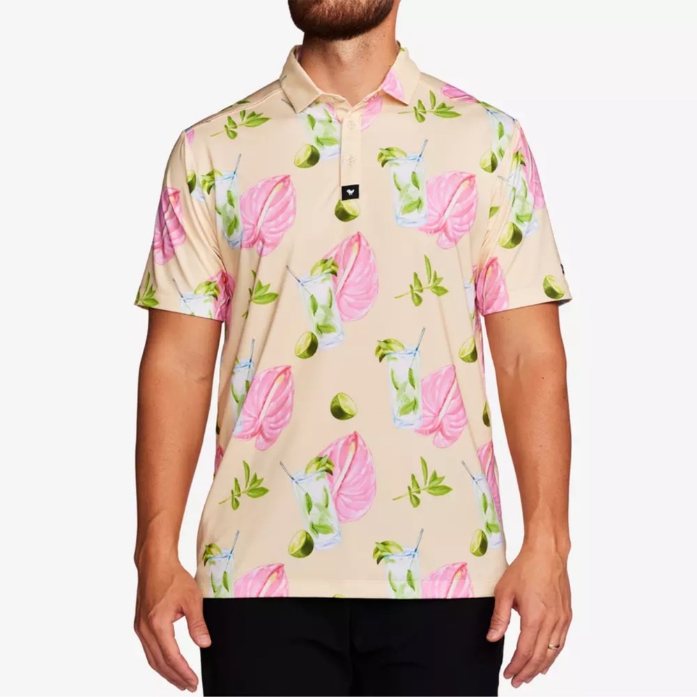 Bad Birdie Mojito Polo Stretch Golf Butter Yellow Printed Shirt Size XL